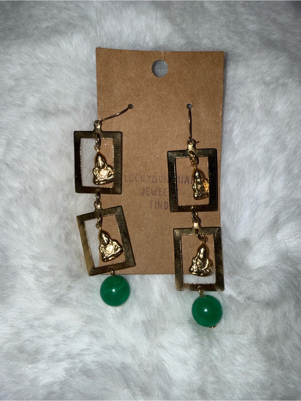 Gold and Green Dangle Earrings with Buddha Charm